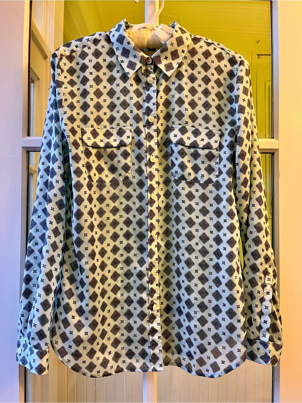 LOFT Geometric Print Button-Up Shirt, Pale Mint & Black, needs TLC